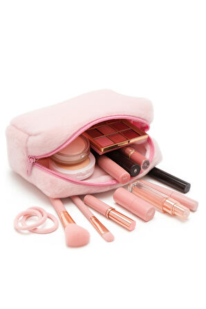 Peluş Yumuşacık Makyaj Çantası - Kozmetik Organizeri Pembe