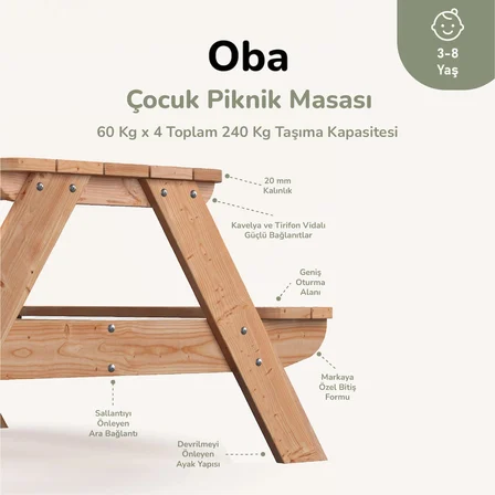 Ahşap Çocuk Oyun Masası Şemsiye Delikli Bahçe Kullanımı 3-8 Yaş 4 Kişilik Oba