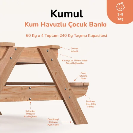 Kum Havuzlu Çocuk Masa ve Bank Seti 3-8 Yaş Oyun Odası Kumul