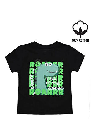 Sevimli Dinozor Baskılı Erkek Bebek Tshirt Siyah