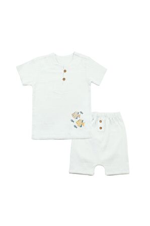 Düğmeli Yaka Detaylı Nakışlı Erkek Bebek Takım Mavi