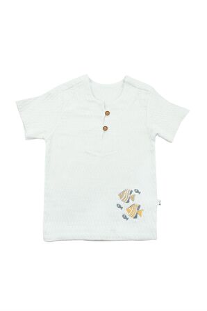 Düğmeli Yaka Detaylı Nakışlı Erkek Bebek Takım Mavi