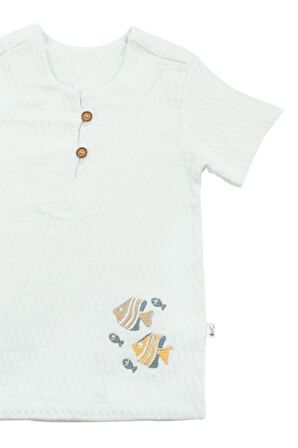 Düğmeli Yaka Detaylı Nakışlı Erkek Bebek Takım Mavi