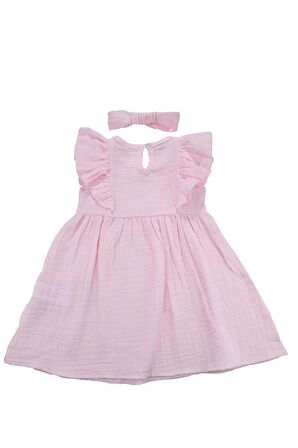 Bandanalı Fırfır Kollu Kız Elbise Pembe