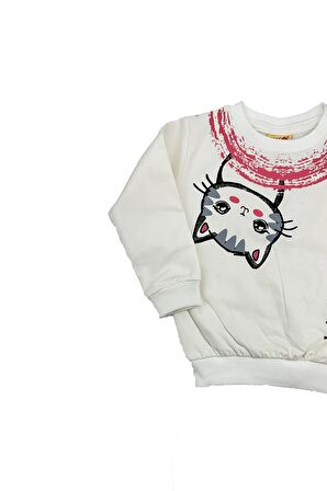 Kedi Baskılı Kız Bebek Sweat Beyaz