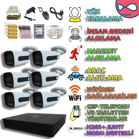6 Kameralı Gece Renkli Gösteren 5MP Sony Lensli PVC Kasa Güvenlik Kamera Seti