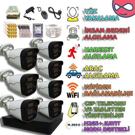 7 Kameralı 4 Warm Ledli Gece Renkli Gösteren 1080P PVC Kasa Güvenlik Kamera Seti