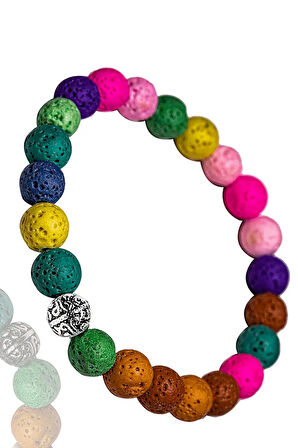 Sertifikalı Volkanik Renkli Lav Taşı Bileklik - Gümüş Aparatlı