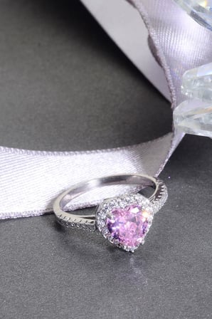 925 Ayar Gümüş Pembe Taşlı Kalp Yüzük