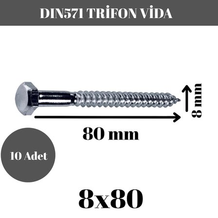 Trifon Vida 8x80 mm Altı Köşe Anahtar Başlı Vida  10'lu Paket