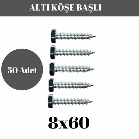 Trifon Vida 8x60 mm Altı Köşe Anahtar Başlı Vida  50'li Paket