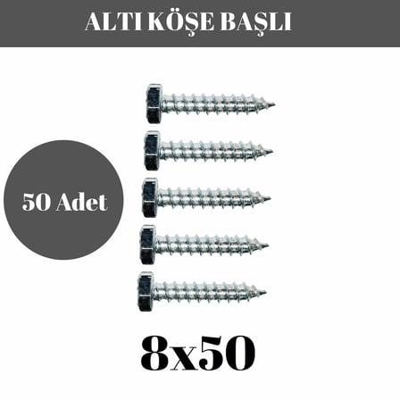 Trifon Vida 8x50 mm Altı Köşe Anahtar Başlı Vida  50'li Paket