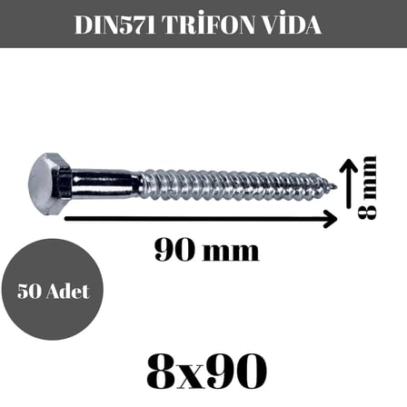 Trifon Vida 8x90 mm Altı Köşe Anahtar Başlı Vida  50'li Paket