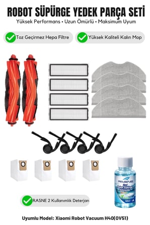 Robot Vacuum H40(OV51) ile Uyumlu 2 Ana Fırça 4 Yan Fırça 4 Filtre 4 Mop 1 Deterjan 4 Toz Torbası