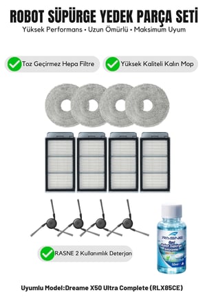 Dreame X50 Ultra Complete (RLX85CE) ile Uyumlu 4 Yan Fırça 4 Filtre 4 Mop 1 deterjan