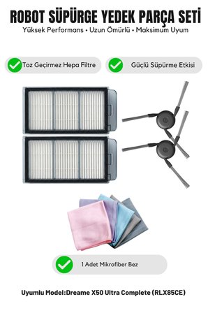 Dreame X50 Ultra Complete (RLX85CE) ile Uyumlu 2 Yan Fırça 2 Filtre 1 Temizlik Bezi