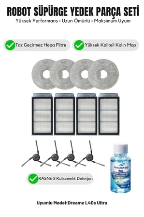 Dreame L40s Ultra ile Uyumlu 4 Yan Fırça 4 Filtre 4 Mop 1 deterjan