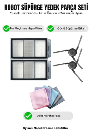 Dreame L40s Ultra ile Uyumlu 2 Yan Fırça 2 Filtre 1 Temizlik Bezi