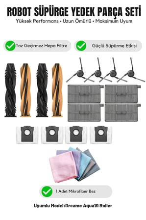 Dreame Aqua10 Roller ile Uyumlu 2 Ana Fırça 4 Yan Fırça 4 Filtre 4 Toz Torbası 1 Temizlik Bezi