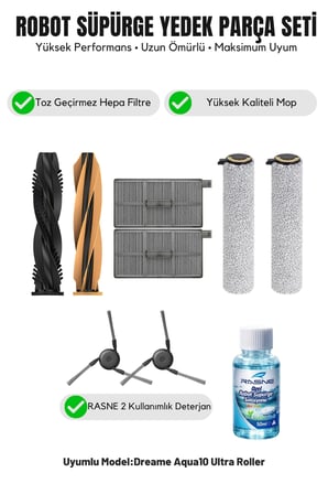Dreame Aqua10 Ultra Roller ile Uyumlu 1 Ana Fırça 2 Yan Fırça 2 filtre 2 Mop 1 Deterjan