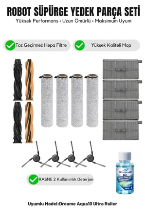 Dreame Aqua10 Ultra Roller ile Uyumlu 2 Ana Fırça 4 Yan Fırça 4 filtre 4 Mop 1 Deterjan