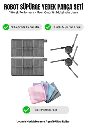 Dreame Aqua10 Ultra Roller ile Uyumlu 2 Yan Fırça 2 Filtre 1 Temizlik Bezi