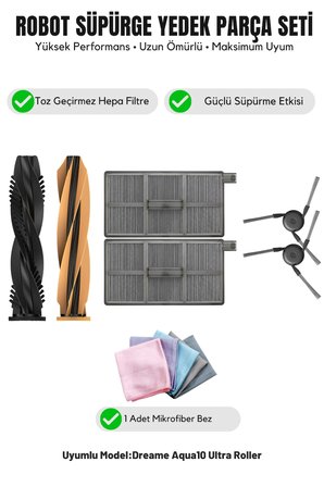 Dreame Aqua10 Ultra Roller ile Uyumlu 1 Ana Fırça 2 Yan Fırça 2 Filtre 1 Temizlik Bezi