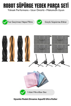 Dreame Aqua10 Ultra Roller ile Uyumlu 2 Ana Fırça 4 Yan Fırça 4 Filtre 1 Temizlik Bezi