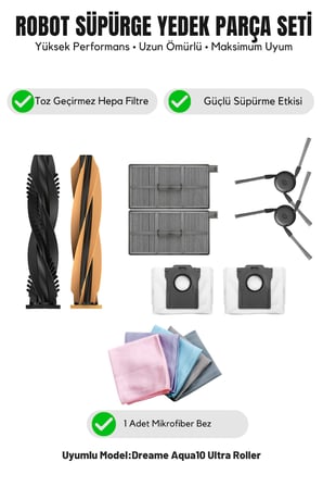 Dreame Aqua10 Ultra Roller ile Uyumlu 1 Ana Fırça 2 Yan Fırça 2 Filtre 2 Toz Torbası 1 Temizlik Bezi