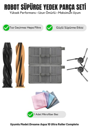 Dreame Aqua10 Ultra Roller Complete ile Uyumlu 1 Ana Fırça 2 Yan Fırça 2 Filtre 1 Temizlik Bezi
