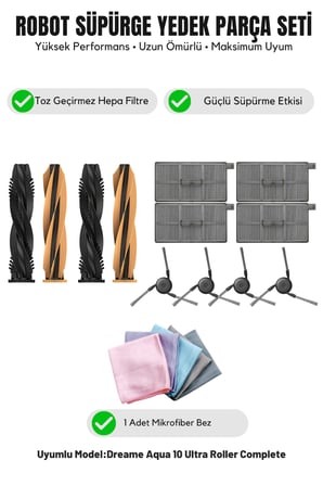 Dreame Aqua10 Ultra Roller Complete ile Uyumlu 2 Ana Fırça 4 Yan Fırça 4 Filtre 1 Temizlik Bezi