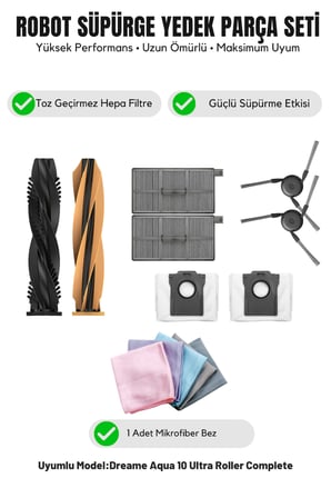 Dreame Aqua10 Ultra Roller Complete ile Uyumlu 1 Ana Fırça 2 Yan Fırça 2 Filtre 2 Toz Torbası 1 Temizlik Bezi