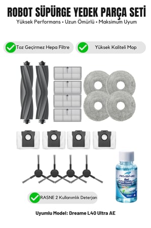 Dreame L40 Ultra AE ile Uyumlu 2 Ana Fırça 4 Yan Fırça 4 Filtre 4 Mop 1 Deterjan 4 Toz Torbası