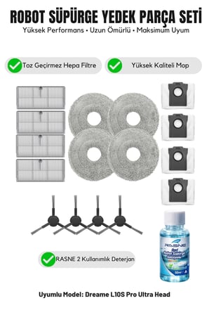 Dreame L10S Pro Ultra Head ile Uyumlu 4 Yan Fırça 4 Filtre 4 Mop 1 deterjan 4 Toz torbası