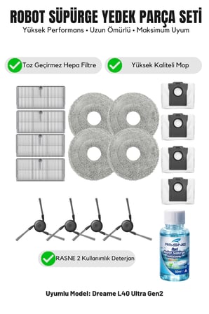 Dreame L40 Ultra Gen2 ile Uyumlu 4 Yan Fırça 4 Filtre 4 Mop 1 deterjan 4 Toz torbası