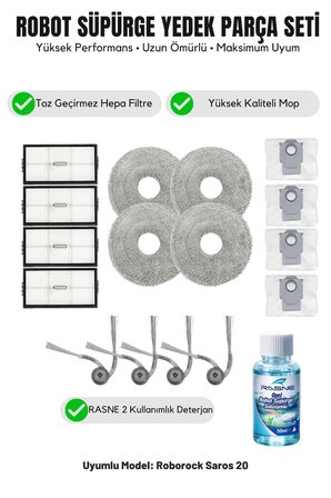Roborock Saros 20 ile Uyumlu 4 Yan Fırça 4 Filtre 4 Mop 1 deterjan 4 Toz torbası