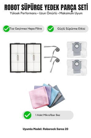 Roborock Saros 20 ile Uyumlu 2 Yan Fırça 2 Filtre 2 Toz torbası 1 Temizlik Bezi