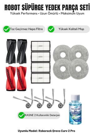 Roborock Qrevo Curv 2 Pro ile Uyumlu 2 Ana Fırça 4 Yan Fırça 4 filtre 4 Mop 1 Deterjan