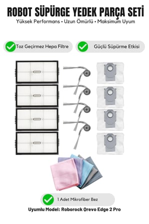Roborock Qrevo Edge 2 Pro ile Uyumlu 4 Yan Fırça 4 Filtre 4 Toz torbası 1 Temizlik Bezi