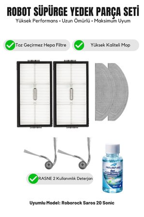 Roborock Saros 20 Sonic ile Uyumlu 2 Yan Fırça 2 Filtre 2 Mop 1 Deterjan