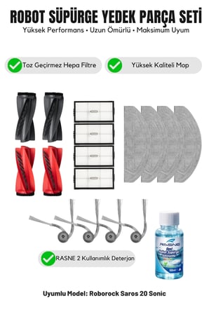 Roborock Saros 20 Sonic ile Uyumlu 2 Ana Fırça 4 Yan Fırça 4 filtre 4 Mop 1 Deterjan