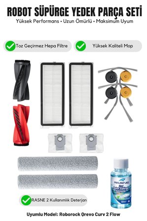Roborock Qrevo Curv 2 Flow ile Uyumlu 1 Ana Fırça 2 Yan Fırça 2 Filtre 2 Mop 1 Deterjan 2 Toz Torbası