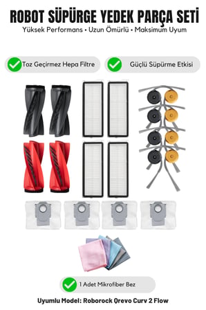 Roborock Qrevo Curv 2 Flow ile Uyumlu 2 Ana Fırça 4 Yan Fırça 4 Filtre 4 Toz Torbası 1 Temizlik Bezi