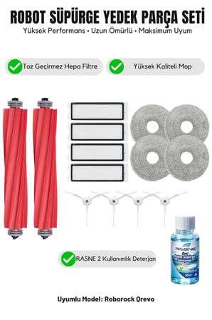 Roborock Qrevo ile Uyumlu 2 Ana Fırça 4 Beyaz Yan Fırça 4 filtre 4 Mop 1 Deterjan