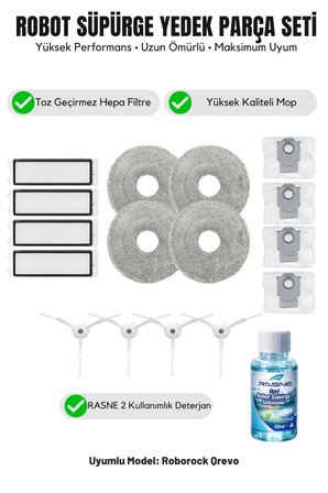 Roborock Qrevo ile Uyumlu 4 Beyaz Yan Fırça 4 Filtre 4 Mop 1 deterjan 4 Toz torbası