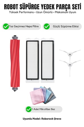 Roborock Qrevo ile Uyumlu 1 Ana Fırça 2 Beyaz Yan Fırça 2 Filtre 1 Temizlik Bezi