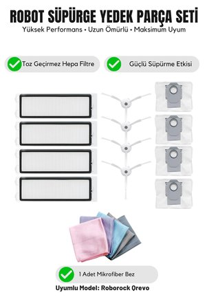 Roborock Qrevo ile Uyumlu 4 Beyaz Yan Fırça 4 Filtre 4 Toz torbası 1 Temizlik Bezi