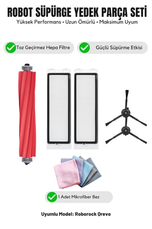 Roborock Qrevo ile Uyumlu 1 Ana Fırça 2 Siyah Yan Fırça 2 Filtre 1 Temizlik Bezi