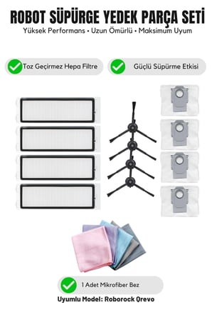 Roborock Qrevo ile Uyumlu 4 Siyah Yan Fırça 4 Filtre 4 Toz torbası 1 Temizlik Bezi