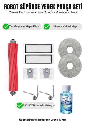 Roborock Qrevo L Pro ile Uyumlu 1 Ana Fırça 2 Yan Fırça 2 Filtre 2 Mop 1 Deterjan 2 Toz Torbası